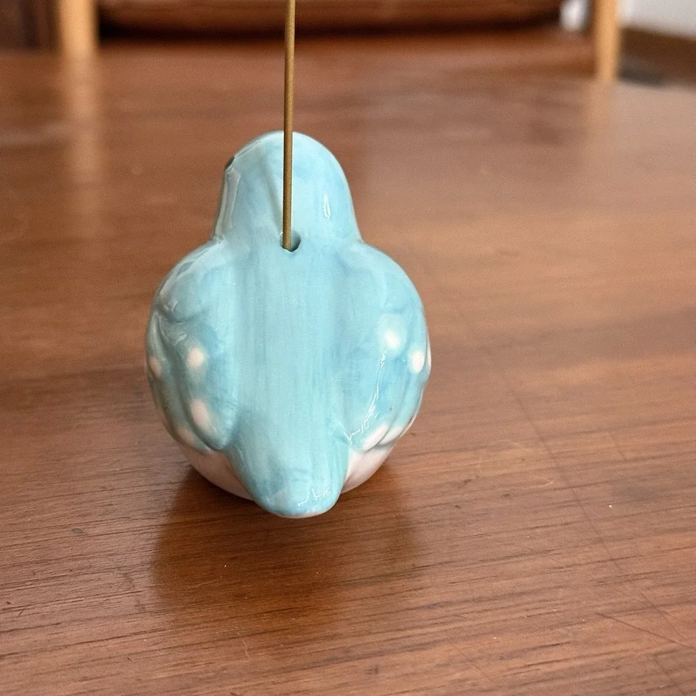 Ceramic Bluebird Figurine Photo Memo Place Card Holder Gold Wire Clip Blue Pink